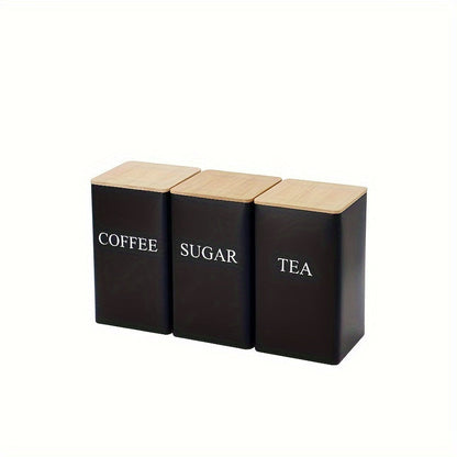 Modern Square Metal Canisters with Bamboo Lids Set of 3 - Ideal for Storing Tea, Coffee, Sugar & Snacks | Safe and Stylish Kitchen Storage Option