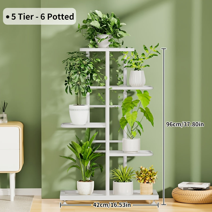 Iron plant stand with 5 layers for organizing and displaying flowers and pots in the home garden.