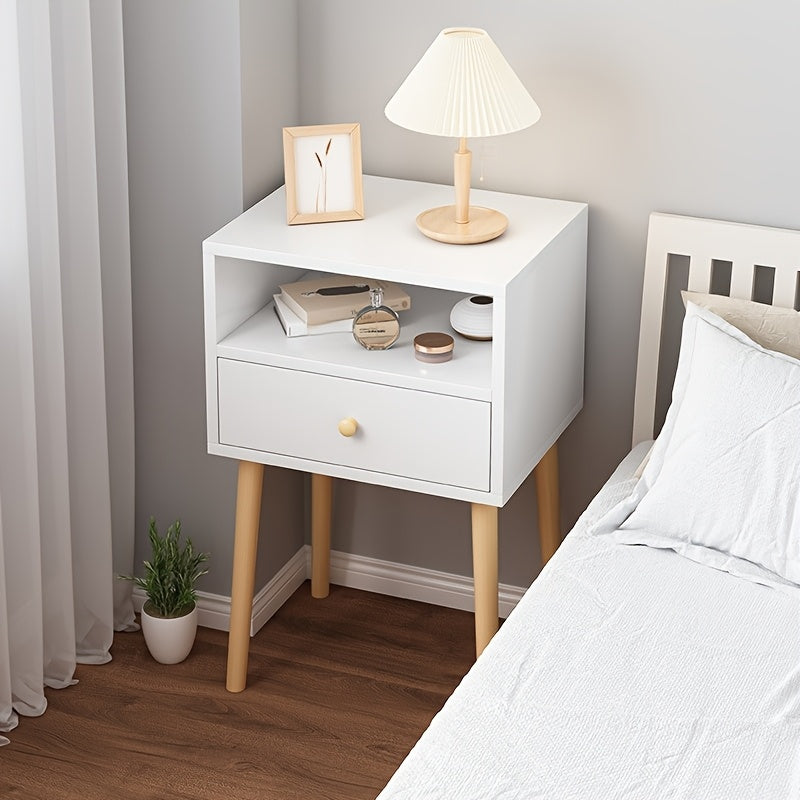 Stylish minimal bedside table with lockable storage shelf and solid wood legs for bedroom.