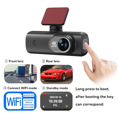 4K UHD front and 1080P rear dual dashcam with WiFi, hidden design, smart app control, super night vision, parking mode, G-sensor, loop recording, and free 32GB SD card.