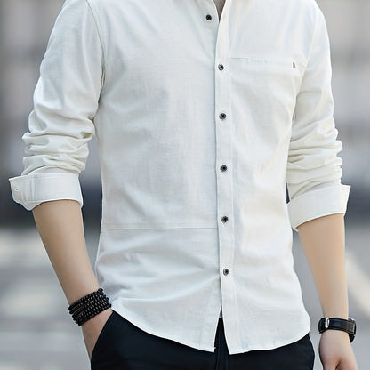 Men's Solid Long Sleeve Button Up Shirt for Daily Wear, Spring/Fall Outdoor Fashion