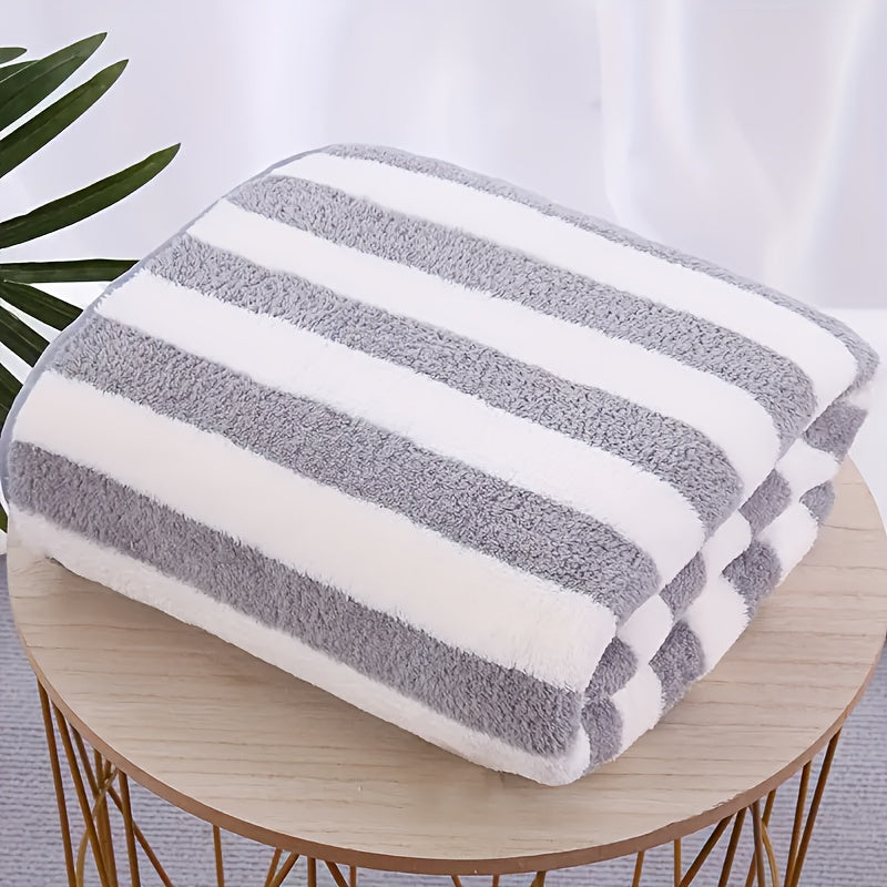 1 Quick-Dry Plush Coral Fleece Towel, Absorbent, Comfortable, Modern Stripe Design, Ideal for Home & Travel