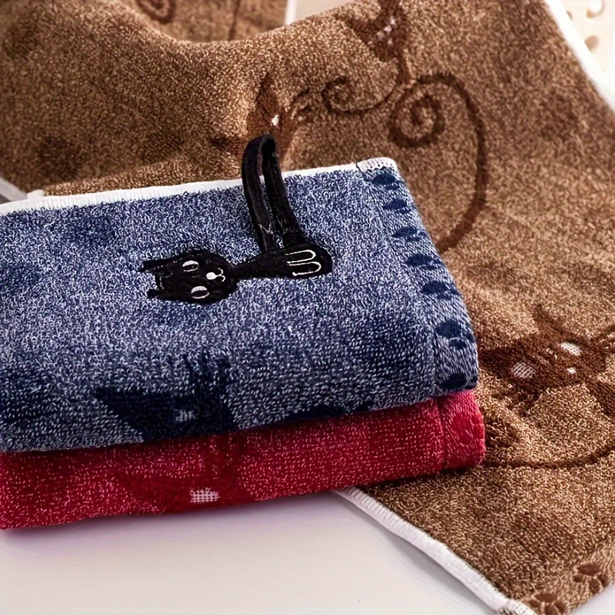 Soft, absorbent Cute Cat Pattern Velvet Hand Towel with Hanging Loop, perfect for kitchen, bathroom, or home decor. Available in Red, Blue, or Beige. Great gift idea with plush texture.