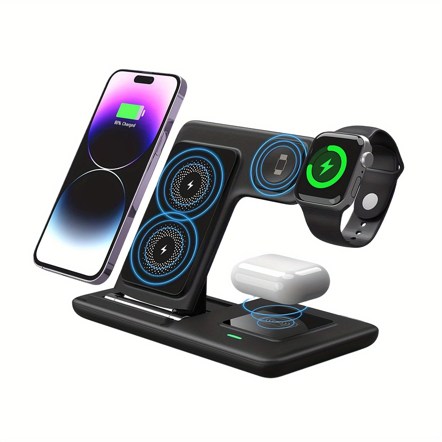 Folding 3-in-1 Wireless Charging Station for iPhone and Apple Watch, compatible with Airpods.