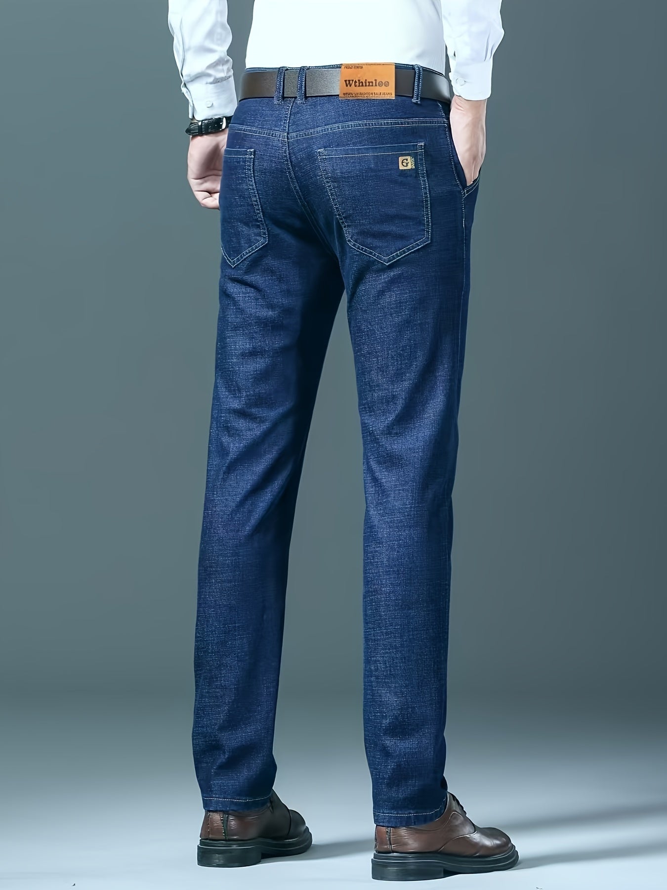 2024 New Style Men's Dark Blue Slim Fit Jeans, Thick Casual Pants for Autumn and Winter, Four Seasons Style.