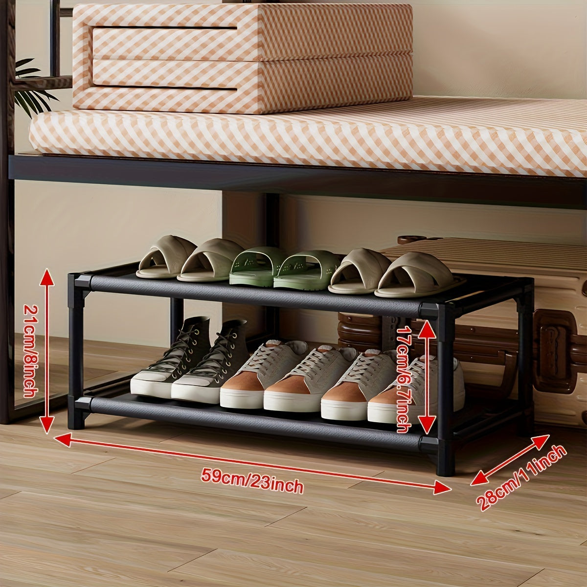 Metal pipes are included in this 2-5 tier space-saving underbed shoe rack, perfect for organizing shoes in your bedroom or hallway.