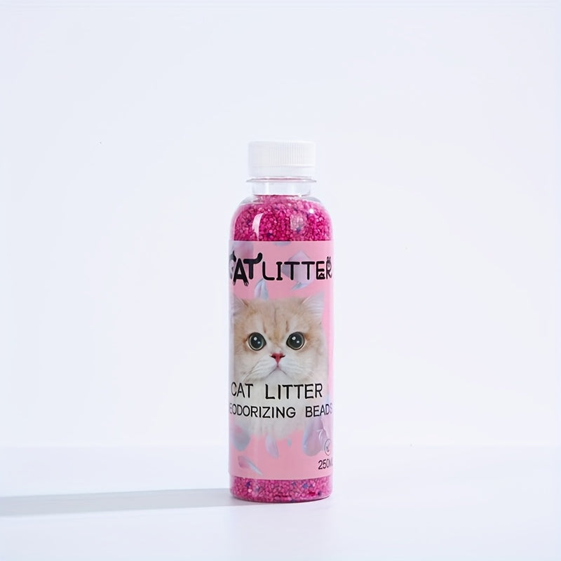 Deodorizer beads for cat litter, made from natural wood, neutralize odors for clean litter boxes.