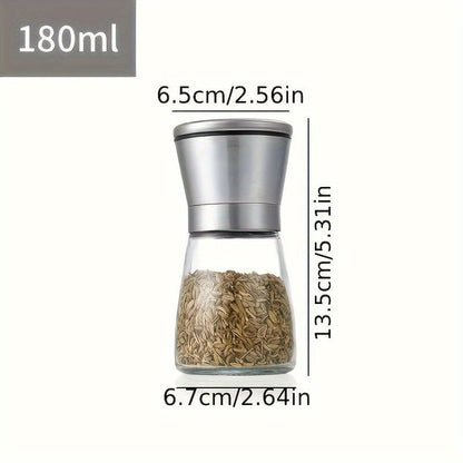 A pair of Stainless Steel Manual Salt and Pepper Grinders that are Portable for Camping, Hiking, BBQ, and Home Kitchen Use. The Set includes Adjustable Coarseness Ceramic Spice Mills, and does not require Electricity.