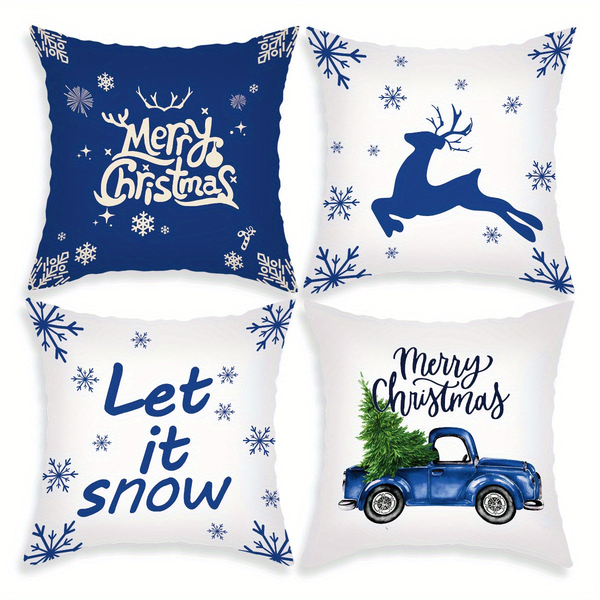 Set of 4 Christmas-themed pillowcases with various designs, 45.72cm X 45.72cm.