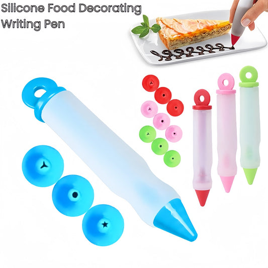 4-piece set of Silicone Food Writing Pens for Cake Decorating, includes 4 heads of Icing Piping Nozzles for Chocolate Cake and Ice Cream Decoration. Perfect tool for Bakery and Kitchen, available in 4 different colors.