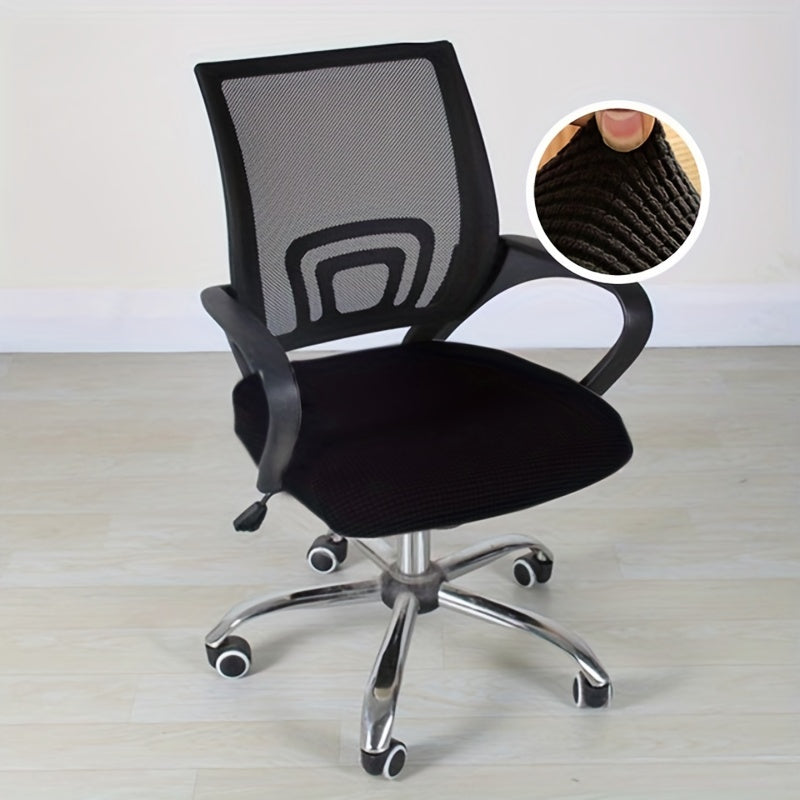 Modern elastic office chair protector made of polyester and spandex. Features non-slip box cushion design and machine washable.