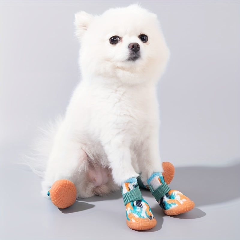 Four pairs of dog shoes suitable for all seasons, breathable, dirt-resistant, non-slip, elastic shoes for small dogs such as Pomeranians and Teddys.