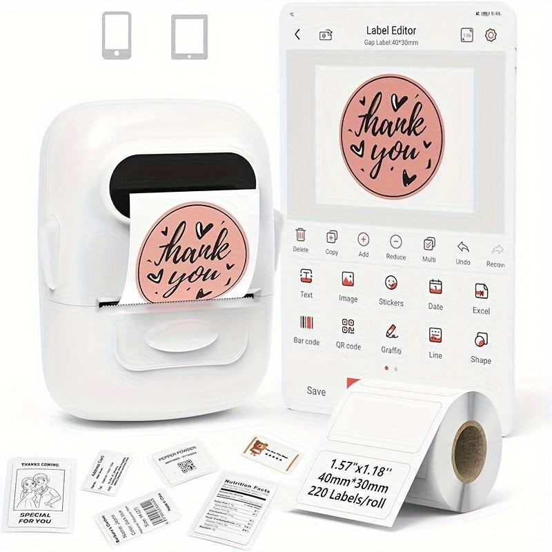 P50 portable thermal label printer compatible with Android+iOS, ideal for home, clothing, supermarkets, jewelry, and food industries. Comes with a roll of 40 * 30mm white stickers.