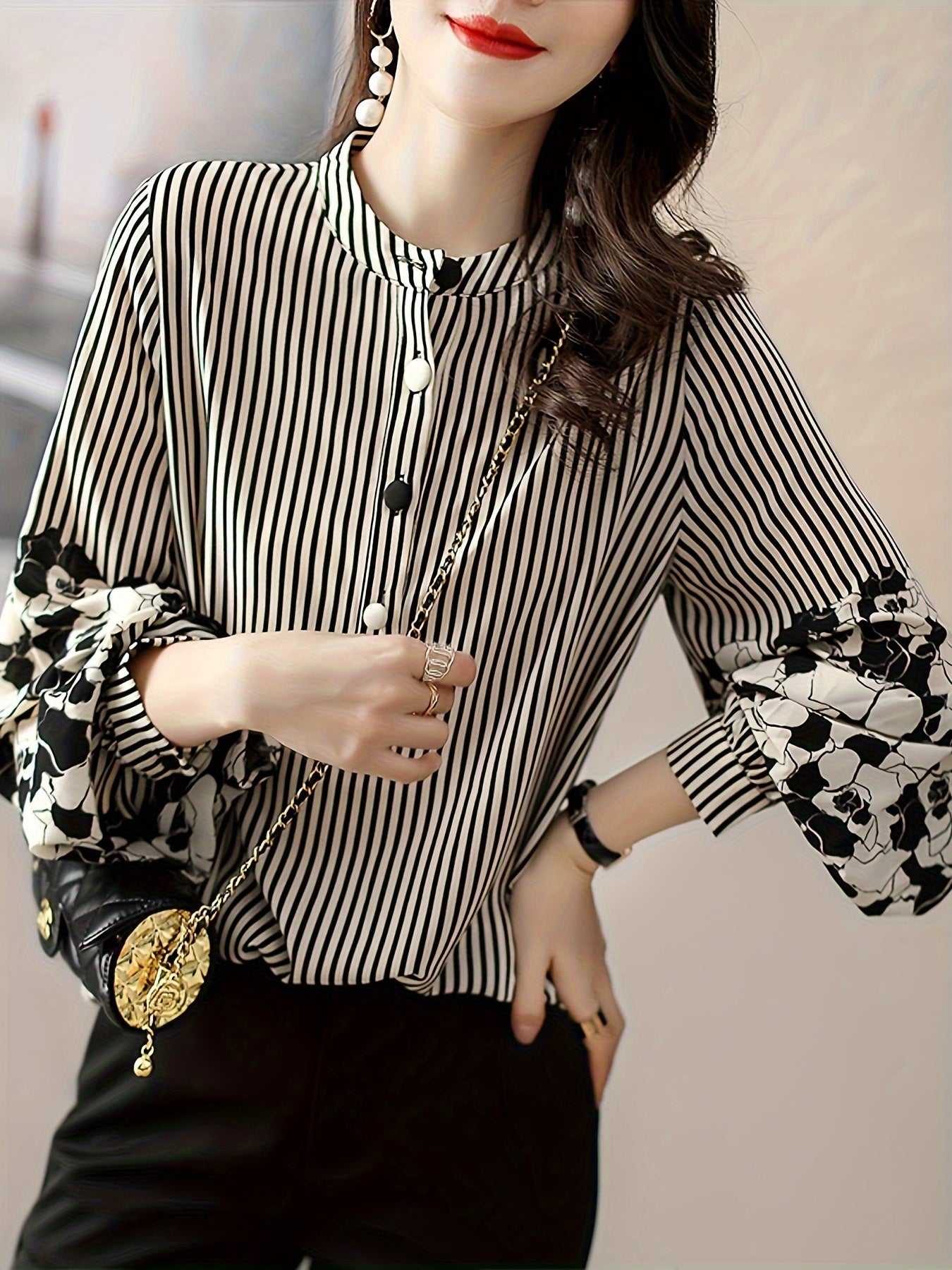 Women's Elegant Floral and Striped Print Blouse with Lantern Sleeves - Round Neck, Long Sleeve, Button Detail, Polyester Top, Allseason Apparel