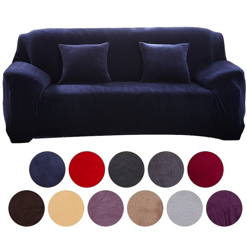 Solid color plush sofa cover for home furniture protection and decoration, made from single piece of elastic fabric.