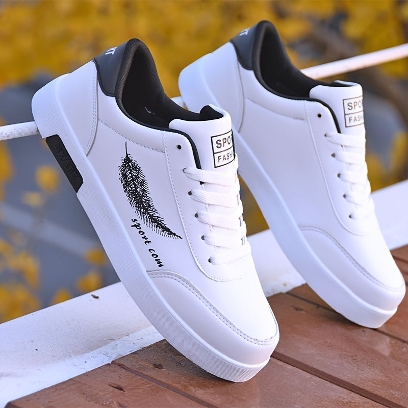 Men's sleek white sneakers with feather design for casual wear, walking, jogging, and travel. Non-slip lace-up low tops with PU upper and PVC sole. Sporty and versatile for outdoor