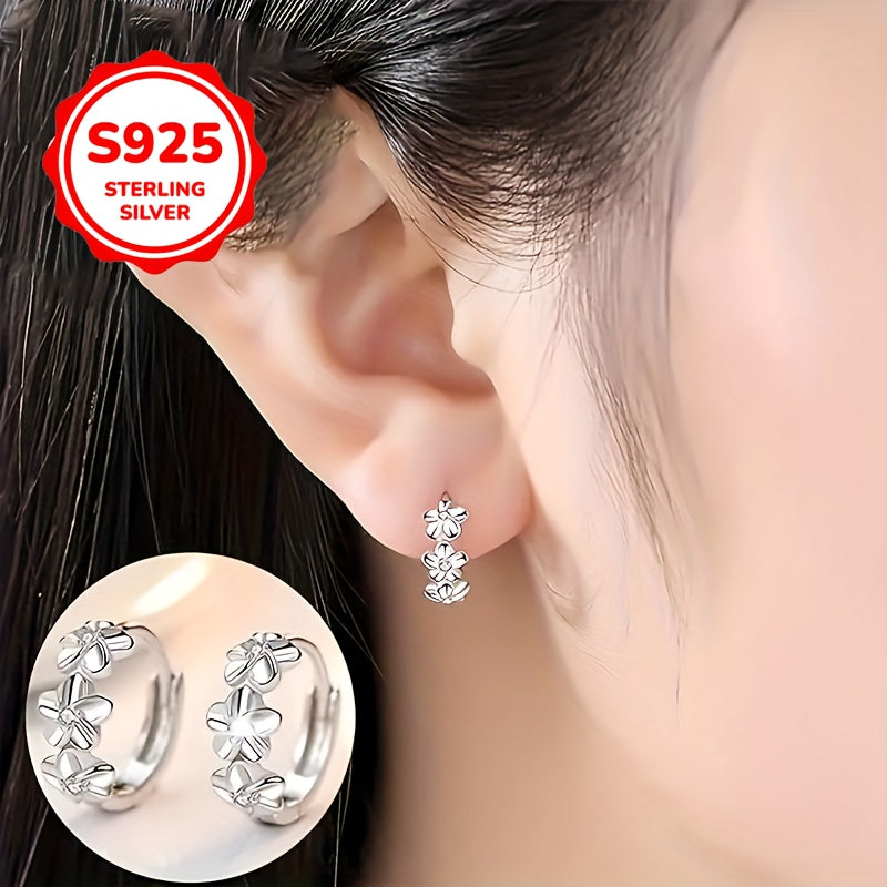 925 pure silvery hoop earrings with sweet flower design, ideal for daily wear, festivals, and gifts. Vintage Bohemian style.