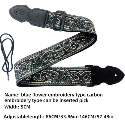 Wide thick embroidered guitar strap suitable for acoustic and electric bass guitars, featuring trendy street style in mixed colors and fabric material.