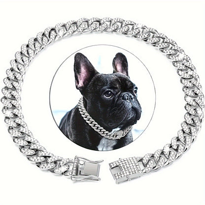 1pc Rhinestone Cuban Chain Dog Collar for Pets, 13mm Wide