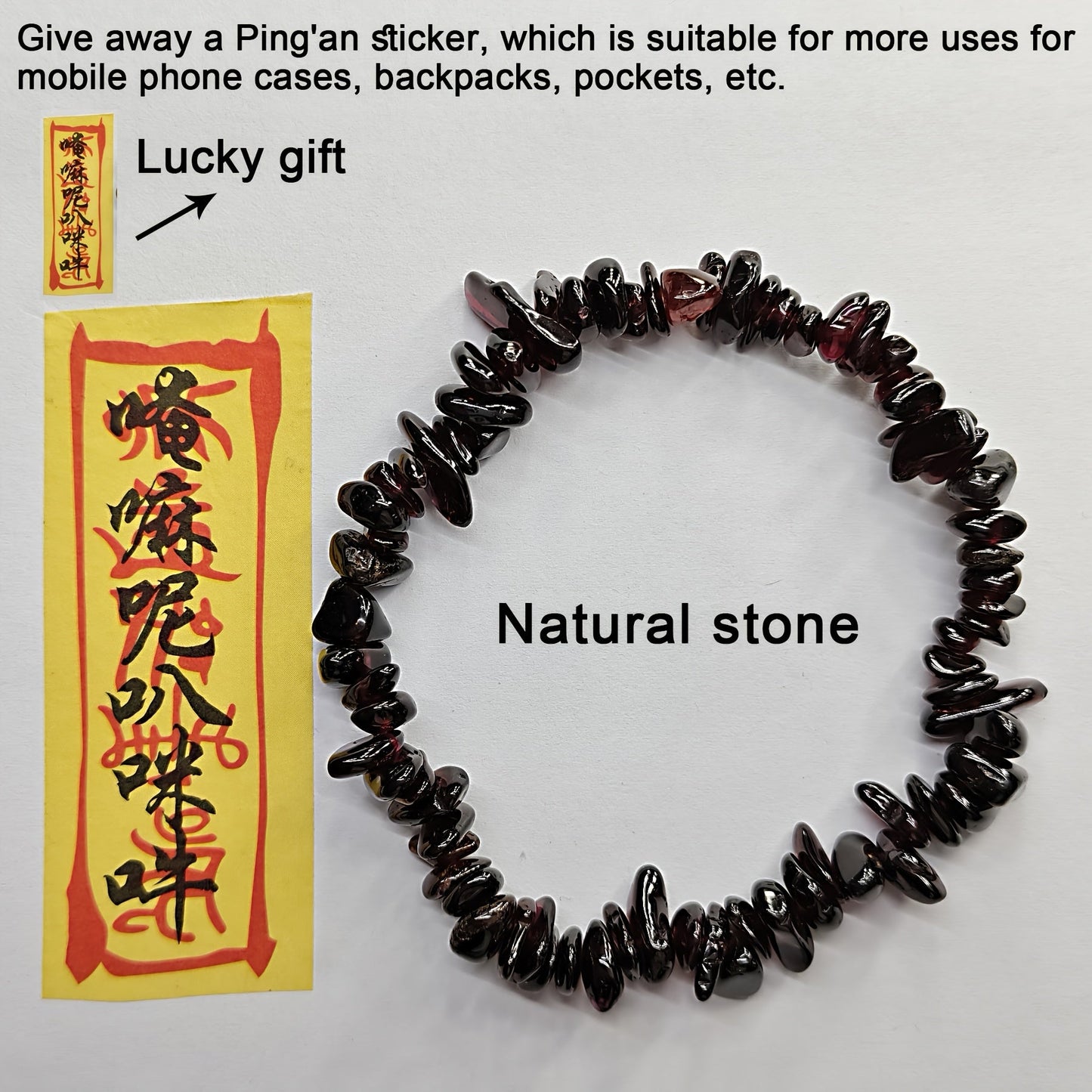 An elegant stone bracelet set featuring lucky Feng Shui protection stickers, irregular natural gemstone beads, reflective facets, and crystal clarity. This makes a thoughtful gift for partners, girlfriends, moms, and family members for daily and special