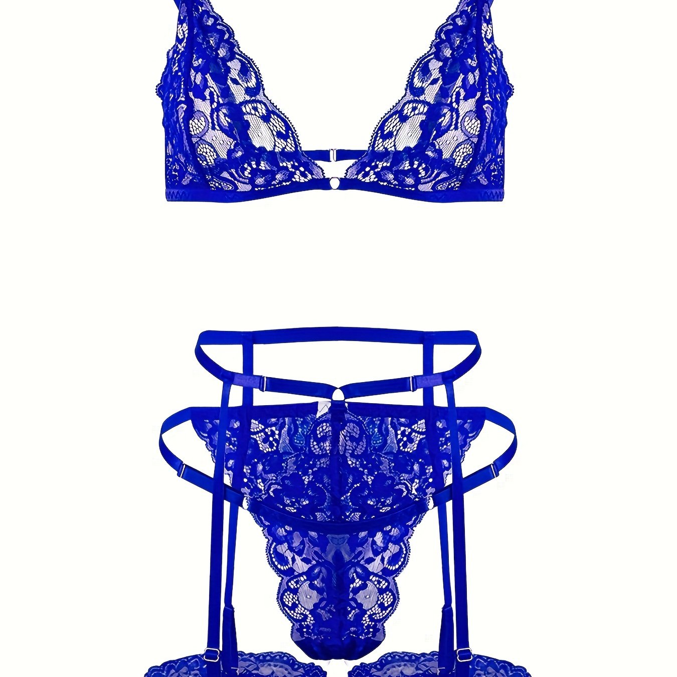 4-piece set of sexy lingerie with lace triangle cup bra, panties, suspender socks, and seduction ring in European and American styles.