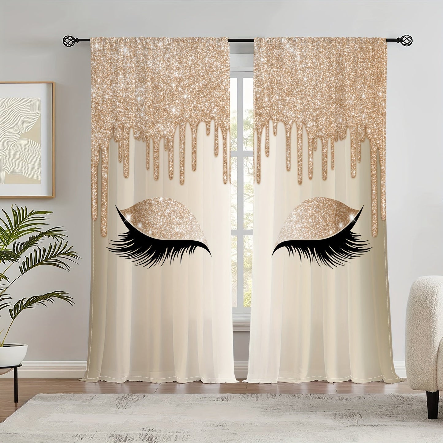 Set of two Eyelash Printed Curtains, Rod Pocket Window Treatments ideal for Bedroom, Office, Kitchen, Living Room, Study, and Home Decor. Enhance your room with stylish and aesthetic decorative curtains.