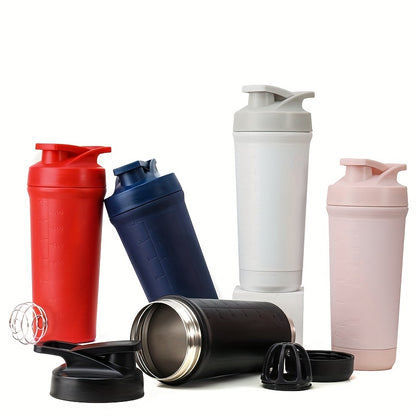 Stainless steel protein shaker bottle (27oz) with removable mixing ball. BPA-free, easy to clean, and portable for gym and sports.