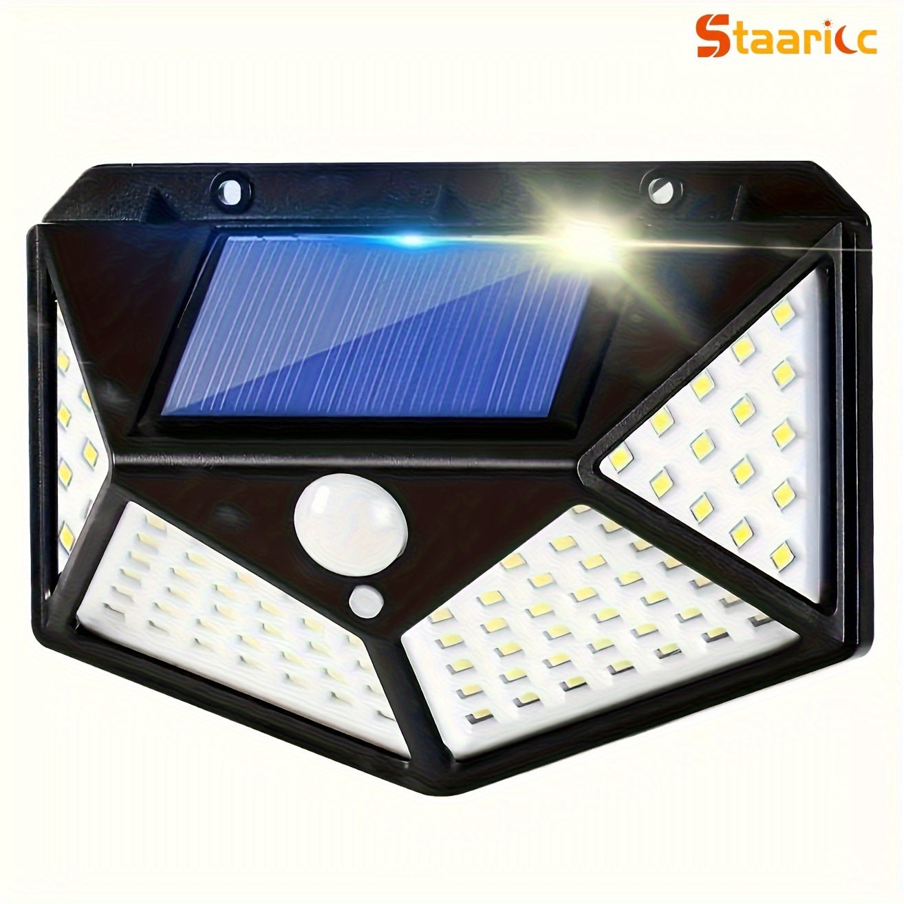 The Staaricc solar lamp is an energy-saving light with 100 LEDs and a motion sensor. It has three modes, a 270° illumination range, and is suitable for outdoor spaces like gardens, fences