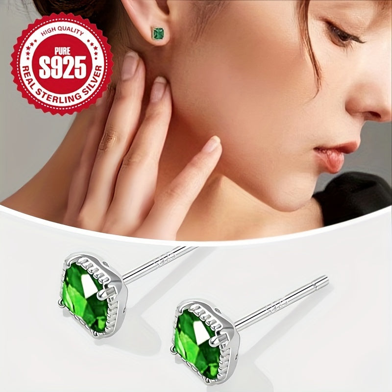 S925 Silver Square Earrings with Green Zirconia for Mother's Day, Vintage Grandmother Style, Lightweight at 1.4g per Pair, Hypoallergenic