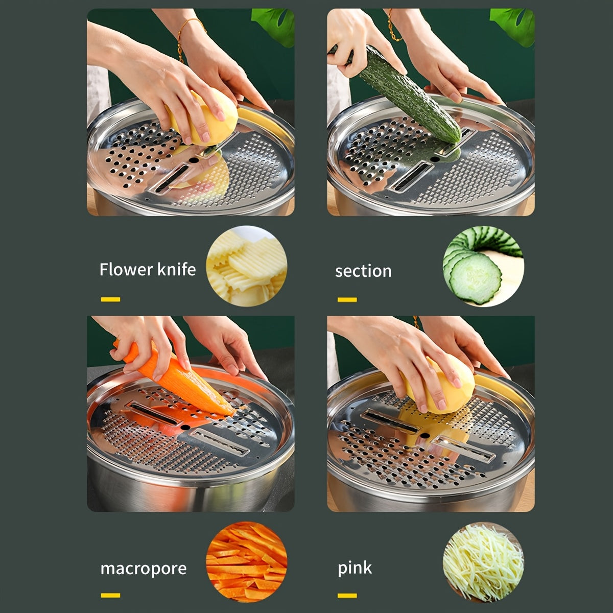 This stainless steel vegetable slicer and grater is compatible with containers measuring 26.01cm and 27.94cm. It is ideal for slicing and grating fruits and vegetables, making it a convenient and dishwasher-safe kitchen tool.