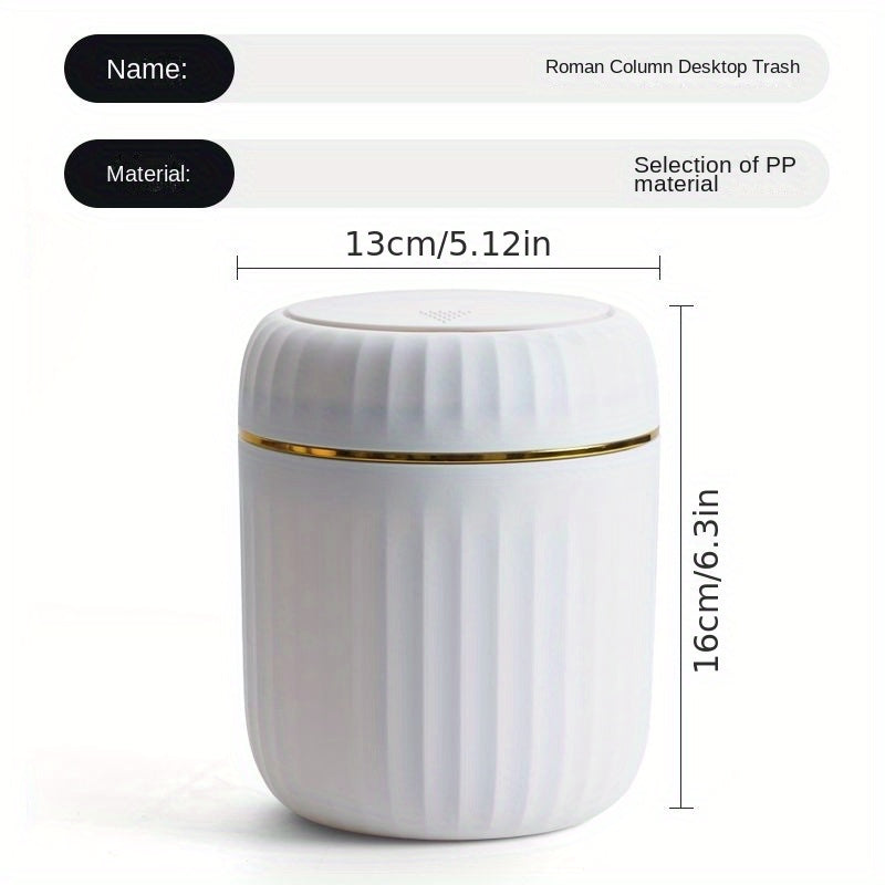 Press-top desktop trash can with durable PP plastic, Roman stripe design and lid for office, living room, and study area. Creative recycling bin.