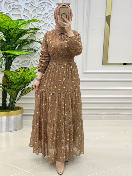 Long sleeve maxi dress with crew neck, shirred waist, and ruffle hem for women