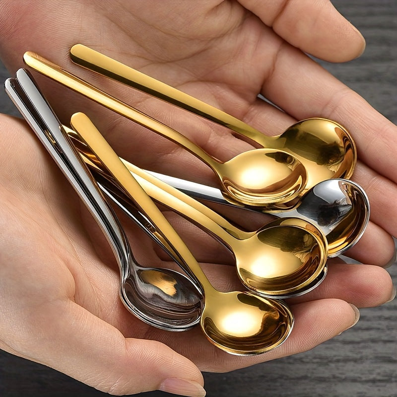 Set of five 304 stainless steel spoons, including coffee and seasoning spoons. Each spoon measures 3.86 inches in length and is perfect for gifting. These mini stirring spoons can be used for espresso, milkshakes, cappuccinos, and more. They are mirror