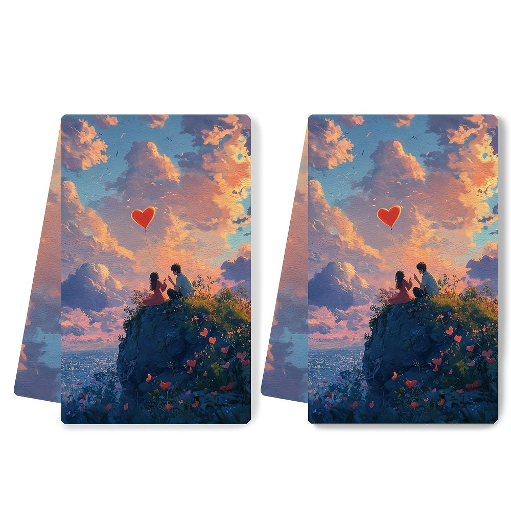 Get a pair of ultra-soft kitchen towels with a charming anime couple on a heart-shaped hilltop, flying a heart-shaped kite. These dish towels are super absorbent, great for holiday decor, easy to machine wash, and measure 40.64X60.96 cm.