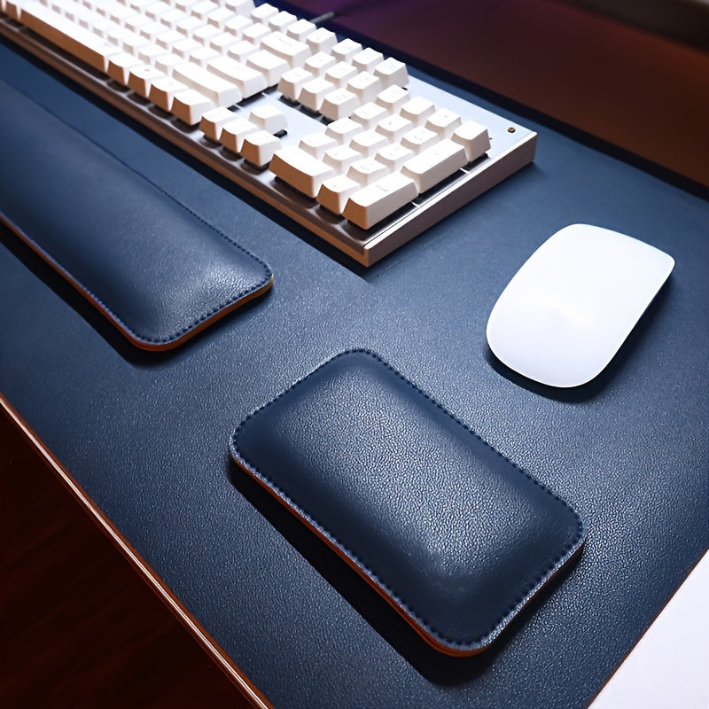 Ergonomic 3-piece desk set includes large faux leather mouse pad, keyboard mat, and wrist support for non-slip office desk protection.