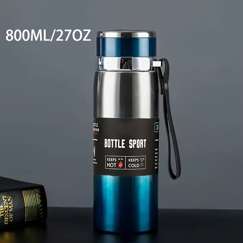 Stainless steel 1000ml vacuum insulated water bottle with portable strap, BPA-free, keeps hot/cold for sports and outdoor activities, hand wash only.