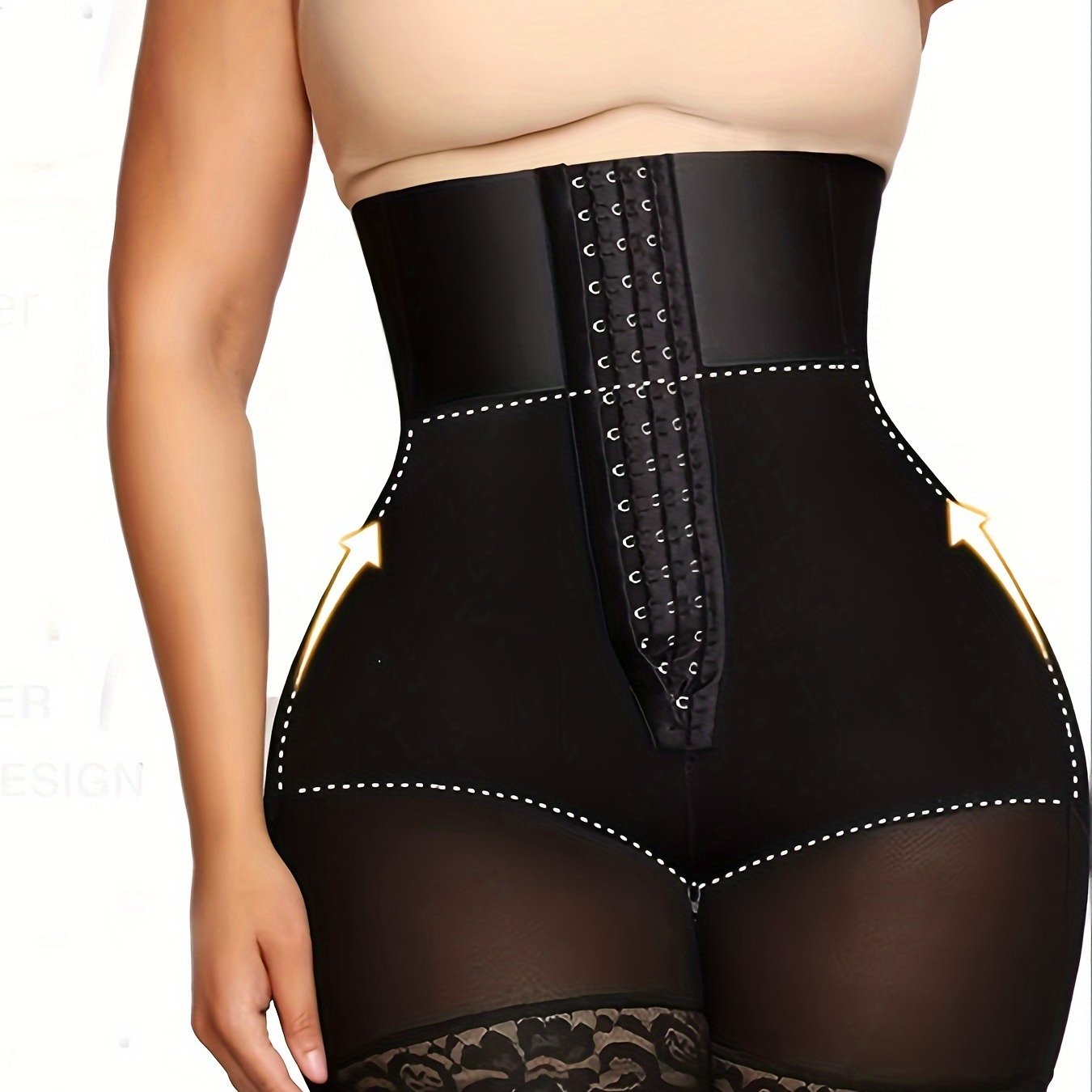 High waist shapewear shorts made of 77% nylon and 23% spandex knit fabric, featuring a solid color with contrast lace detail. Includes an adjustable waistband and weighs 235-237 g/m².