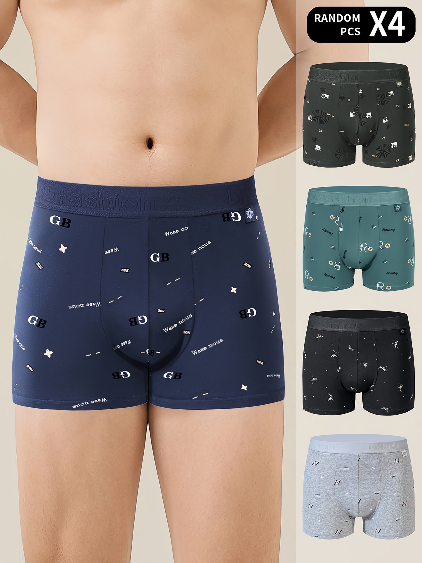 Men's 4-pack geometric boxer shorts made of 95% cotton and 5% spandex with breathable knit fabric and medium stretch. Casual sports underwear weighing 150gsm.