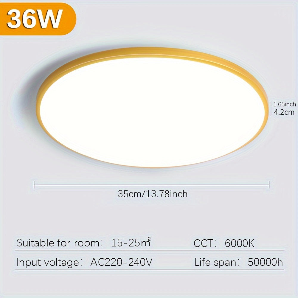 LED Ceiling Light available in 18W, 27W, and 36W sizes, modern design, suitable for bedroom, living room, bathroom, and balcony, comes in slim multicolor options.