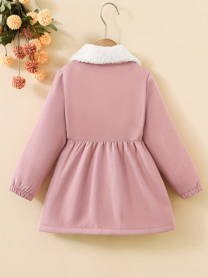 Elegant girls' coat with fleece lining, waist cinching. Machine washable polyester, perfect for fall/winter. Stylish and loose-fit for autumn/winter.