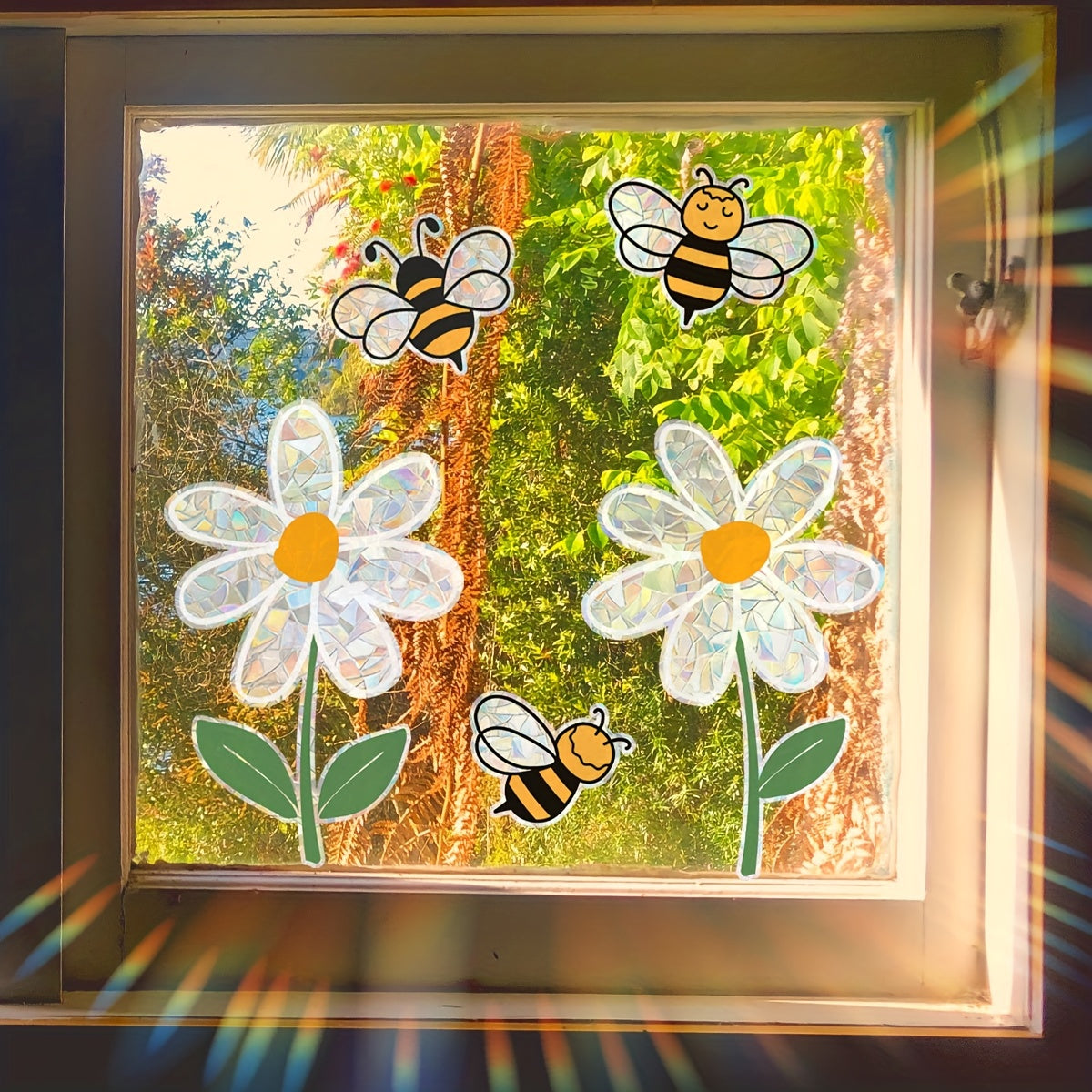 Modern Rainbow Daisy and Bee Window Clings - 5millimeters Thickness Static Cling PVC Material - Two-Sided Design - Can be Reused - Features Bee and Flower Designs for Bedroom, Balcony, Kitchen Window Decoration - Includes 1 Sheet (30x42cm) - Model