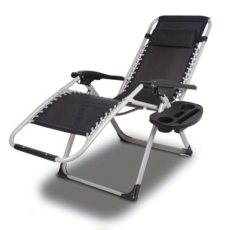 Folding outdoor recliner accessory with cup holder tray, phone slot and utensil placement. Accessories for wheelchairs, carts and recliners. Features water cup holder and mobile phone holder for convenient leisure activities.