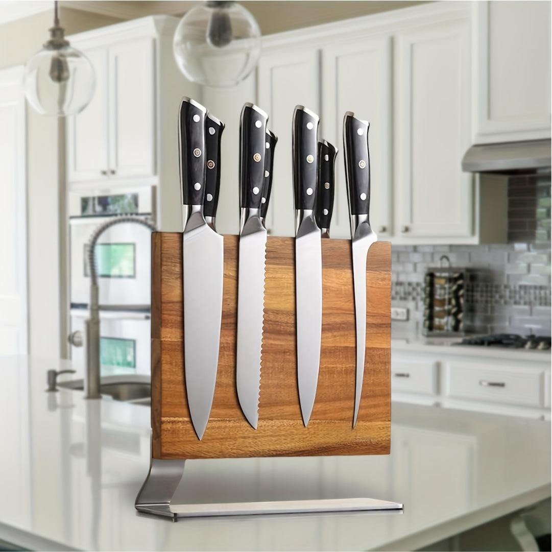 Acacia Wood Knife Holder with Double-Sided Magnetic Knife Seat, Ideal for Kitchen and Multi-functional Use