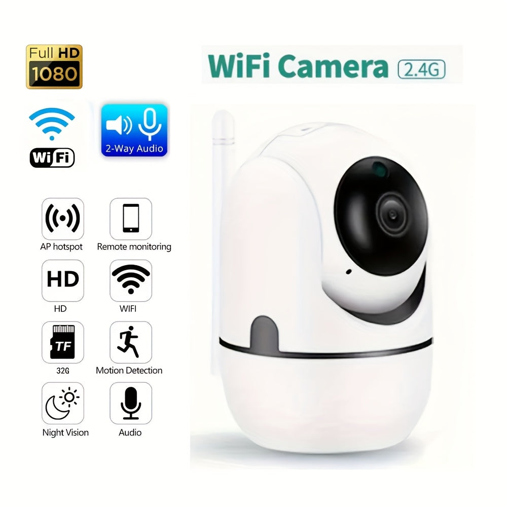 One piece Smart WiFi Security Camera with 1080P HD PTZ, 360° Pan and 110° Tilt capabilities. Features include Auto Tracking, Night Vision, Motion and Audio Detection. Connects wirelessly via 2.4G, powered by USB. Ideal for home surveillance and