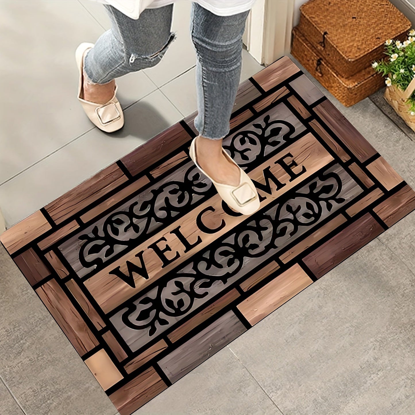 Inviting Entryway: Wood-Texture Door Mat with Anti-Slip Backing, Long-Lasting Polyester Material, Resistant to Stains - Perfect for Home Decor and Welcoming Guests