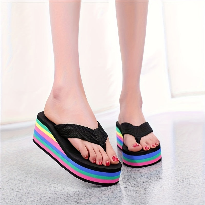 Women's Rainbow Sole Wedge Flip Flops, Slip On Platform Slide Shoes for Casual Lightweight Summer Beach wear.