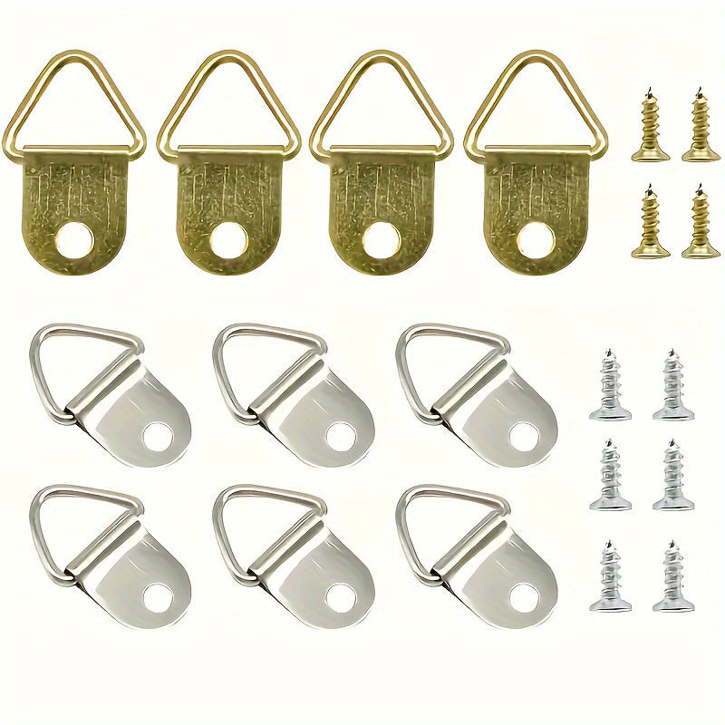 30/80pcs golden triangular frame hooks with screws for wall mounting, modern style, easy to install, for picture frames and art display hardware.