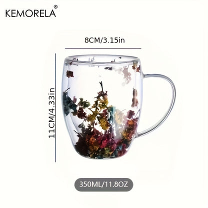 Set of 1/2/4/6, 11.8oz creative double-layer glass mug with real flower filling and handle, 350ml capacity. Made with high borosilicate glass.