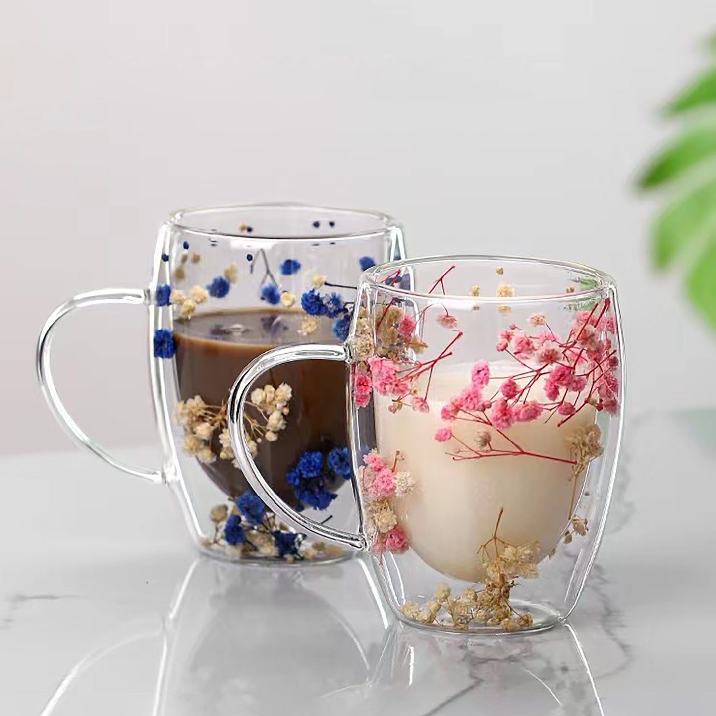 Double layer coffee cup mug with fresh flowers, suitable for home and office, perfect holiday gift.