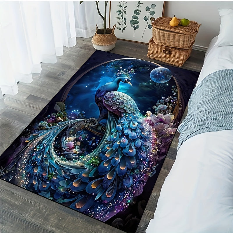 1 piece Vibrant Peacock Pattern Area Rug - Non-Slip, Machine Washable Polyester Rug with Luxurious Crystal Velvet Texture - Ideal for Gaming Rooms, Dorms, Teenage Bedrooms & Halloween Decor, Peacock Theme